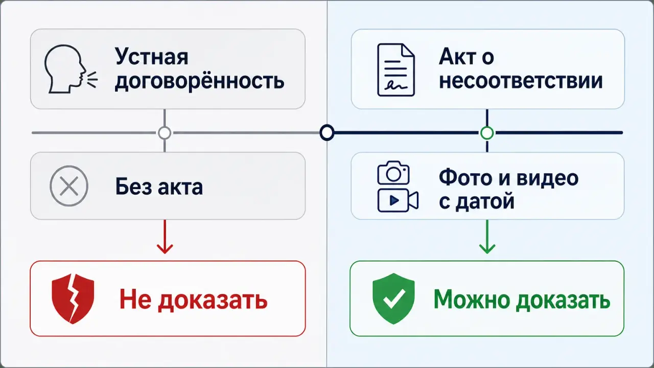 Сравнение двух сценариев фиксации дефектов: устная договорённость и акт с фото-видео