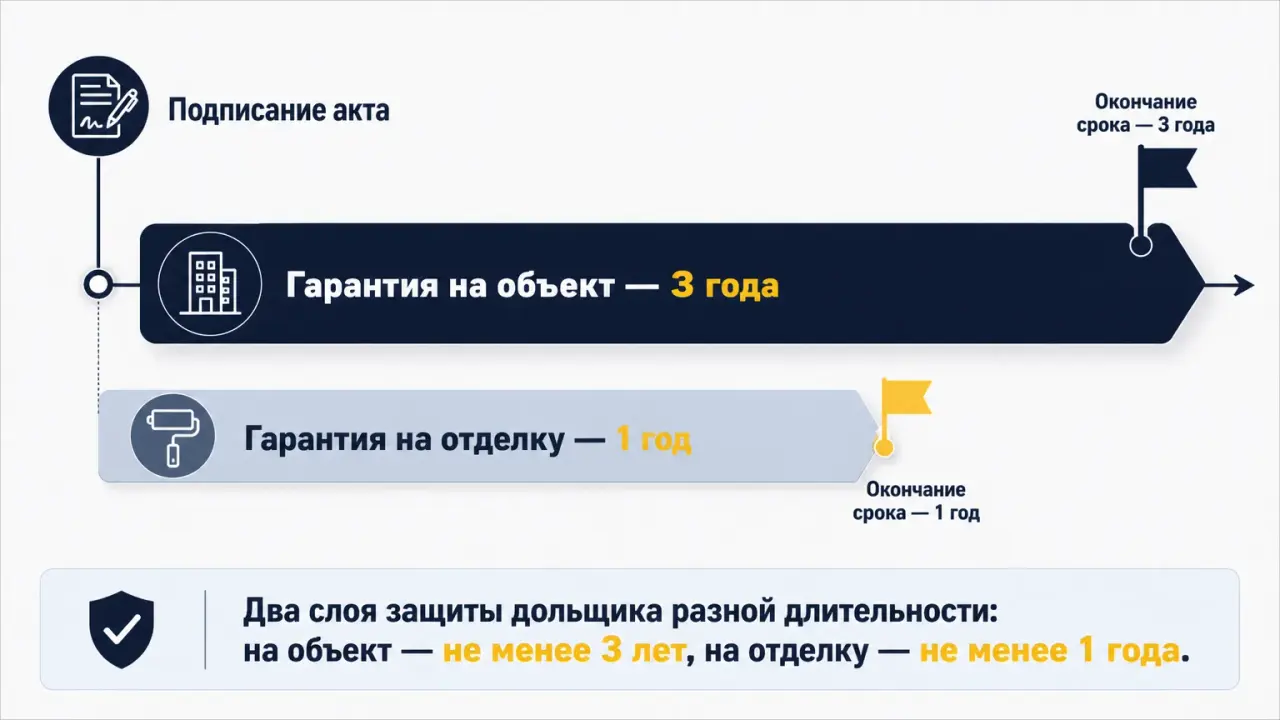 Схема-слои гарантийных сроков по 214-ФЗ: объект три года, отделка один год