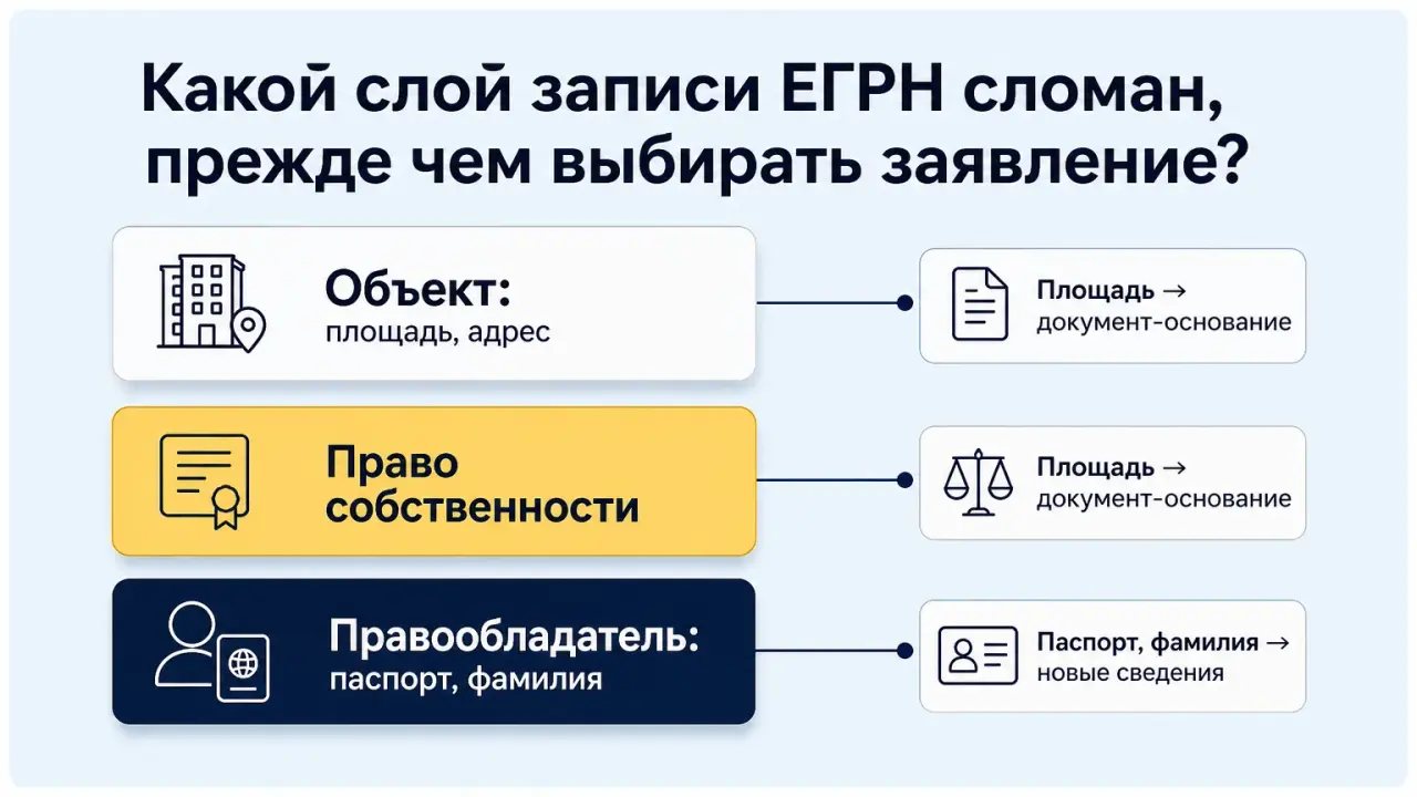 Схема трёх слоёв записи ЕГРН: объект, право, правообладатель