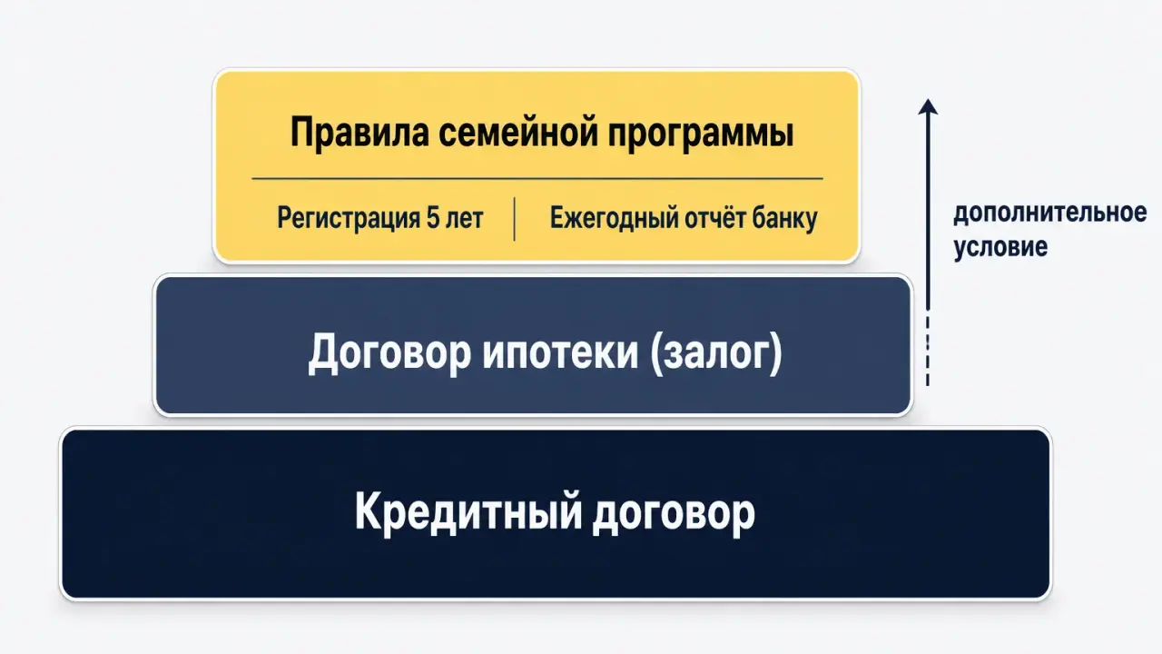 Схема слоёв: базовый кредитный договор и договор ипотеки, поверх которых надстроен слой условий льготной семейной программы с требованием регистрации