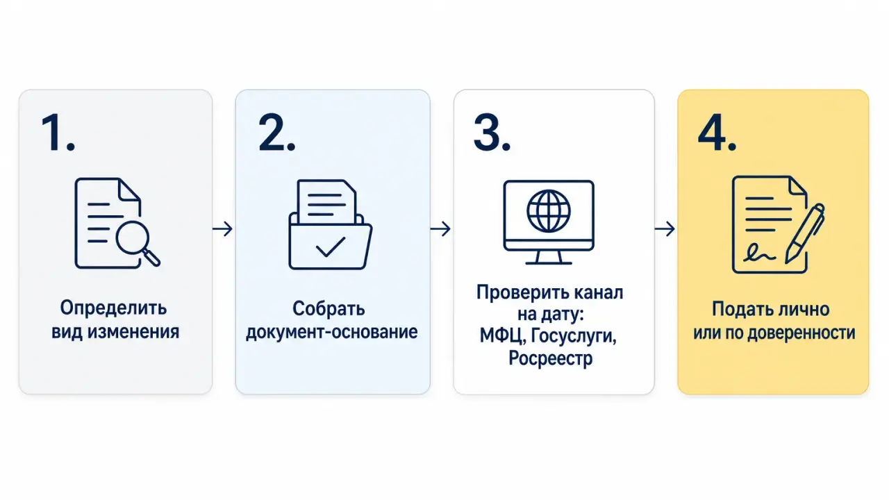 Процесс подачи заявления об изменении записи ЕГРН для удалённого собственника