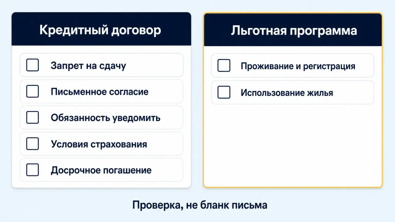 Чек-лист из двух групп: пункты кредитного договора (запрет, согласие, уведомление, страхование, досрочное погашение) и отдельно пункты льготной программы (регистрация, использование жилья)