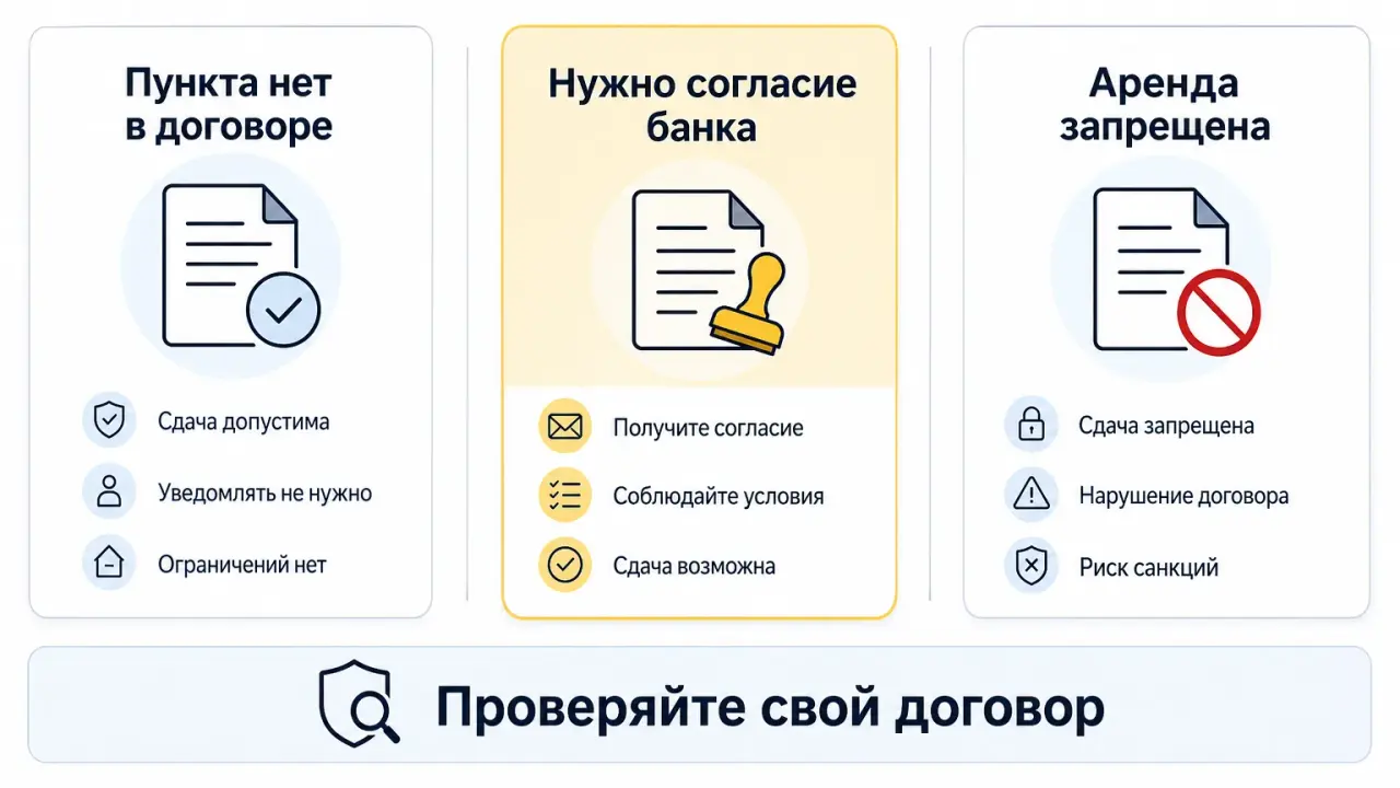Три колонки сравнения условий аренды в ипотечном договоре: без отдельного пункта, с требованием согласия и с запретом сдачи