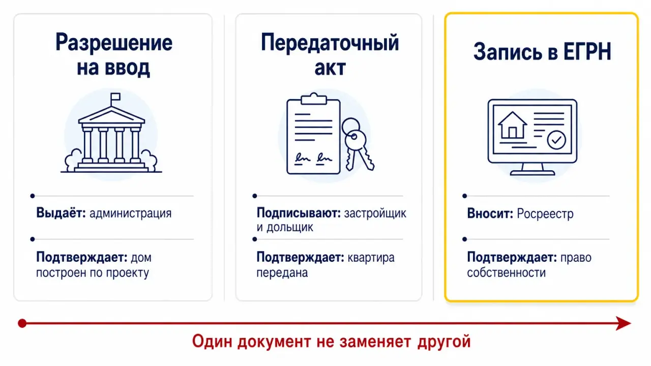 Сравнение трёх документов: разрешение на ввод, передаточный акт, запись в ЕГРН