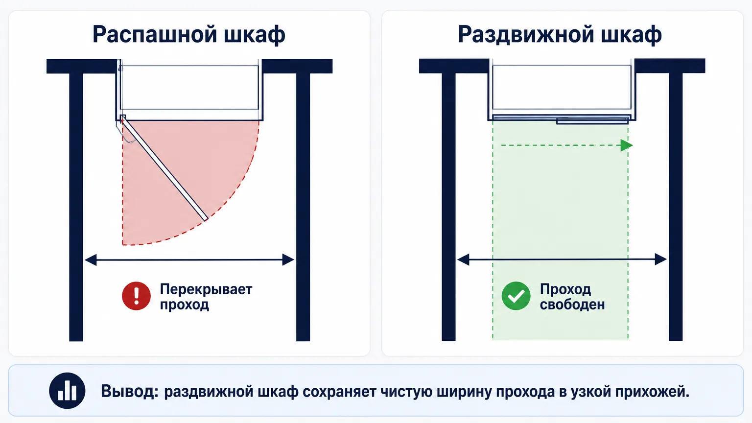 Сравнение траекторий открывания распашного и раздвижного шкафа в узком коридоре