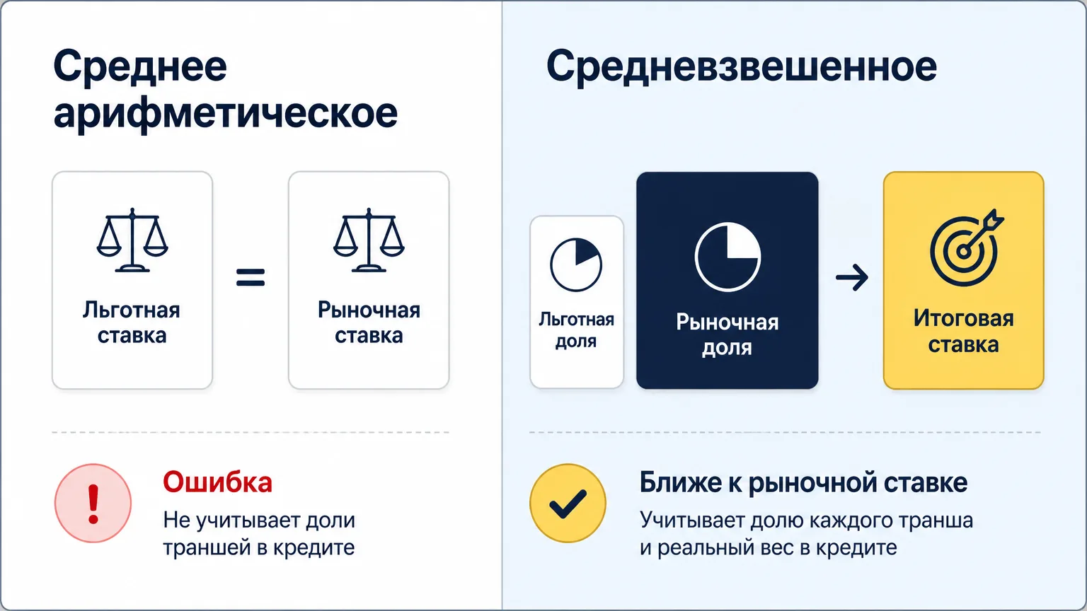 Сравнение среднего арифметического и средневзвешенного расчёта ставки комбо-ипотеки