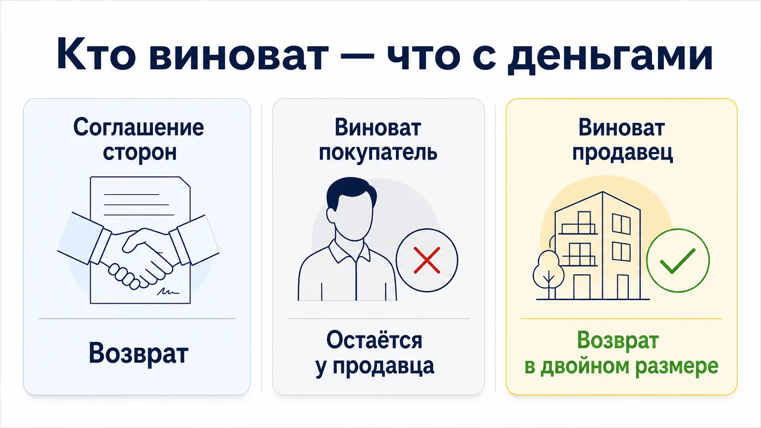 Три исхода задатка в зависимости от того, кто виноват в срыве сделки