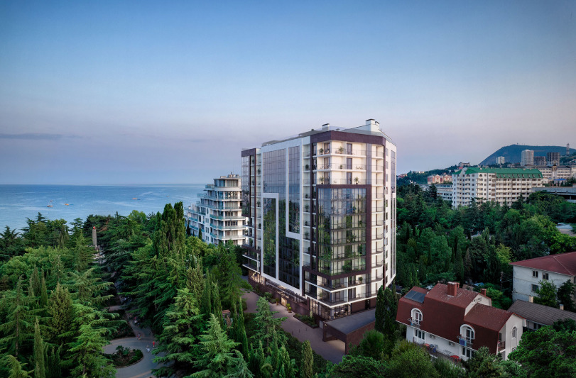 ЖК SkyPlaza — вид сверху на современный жилой комплекс у моря